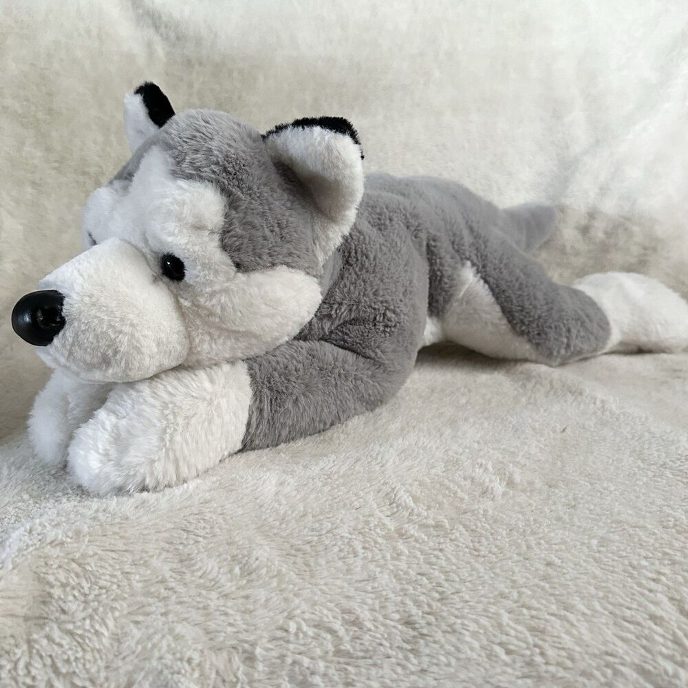 FAO Schwarz Laying Husky Grey White Dog 20” Floppy Stuffed Animal